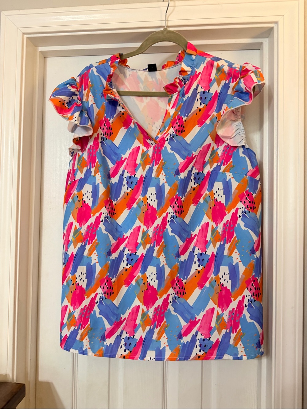 SHEIN Pink Blue Orange Abstract V-Neck Ruffle Sleeve Camisole